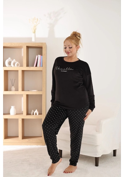 Pijamoni Kadın Büyük Beden Yumuşak Kadife Siyah Pijama Takımı Siyah