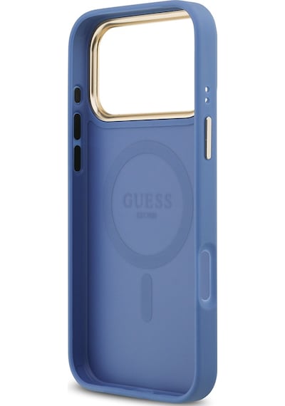 Apple Uyumlu iPhone 17 Pro Max Kılıf Guess M-safe Şarjlı Gold Kamera Çerçeve Pu Deri Yazı Logolu Kahverengi Mavi Mavi
