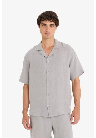 Defacto %100 Keten Relax Fit Apaş Yaka Kısa Kollu Gömlek F4597ax25hsgr454 Gri