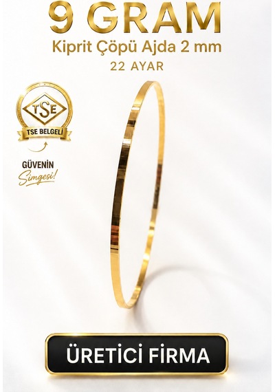 22 Ayar Tse Belgeli 9 Gram 2 Mm Kibrit Çöpü Ajda Altın Bilezik İşçiliksiz