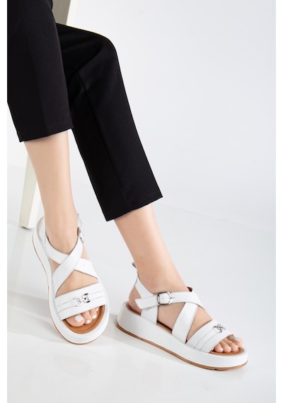 Analin Shoes Kadın Hakiki Deri Çapraz Bilekten Bantlı Günlük Sandalet Beyaz