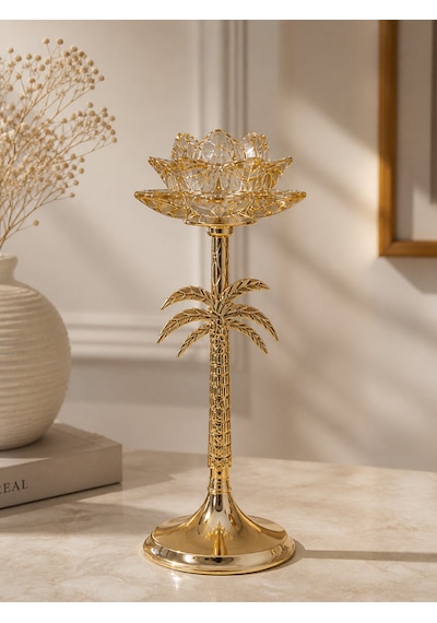 3 Lü Palmiye Tasarımlı Dekoratif Şamdan Mumluk Seti Gold Metal & Cam Detaylı 33 Cm 27 Cm 23 Cm Modern Lüks Ev Dekoru
