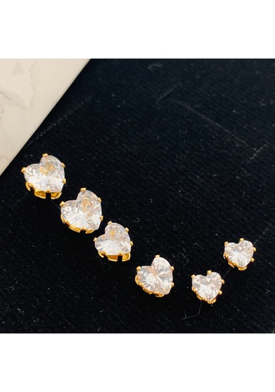 Tektaş Küpe Kalp Model Tektaş Üçlü Set Küpe Kararmaz Çelik Gold