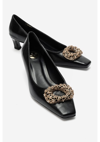 Luvi Shoes Marte Siyah Cilt Tokalı Kadın Kısa Topuklu Ayakkabı