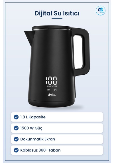 Su Isıtıcı 1.8l 1500w Dijital Kablosuz Dokunmatik Ekranlı Kettle