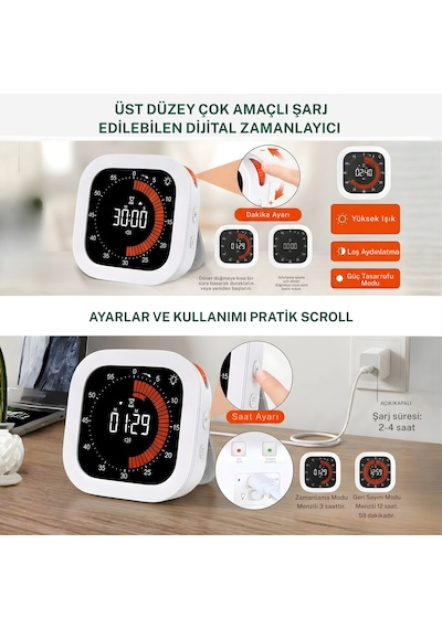 Npo Npt32b Analog Görünümlü Dijital Kronometre Pomodoro Motivasyon Saati Beyaz - siyah