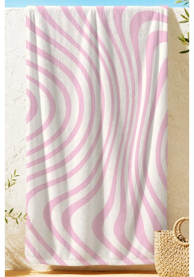 Modern Soyut Dalgalı Çizgili Plaj Havlusu - Pembe Ekru Retro Akışlı Hızlı Kuruyan Mikrofiber Havlu Çok Renkli