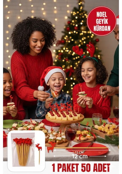 Yılbaşı Geyiği Kürdan 12 Cm 50 Li Paket Tatlı, Kanepe, Pasta Süsleme Yılbaşı Parti Kürdanı