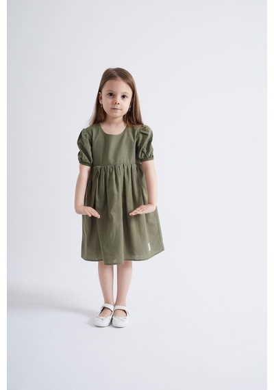 Oliventhekid Kolları Ve Beli Lastikli Kız Çocuk Elbise Haki Haki