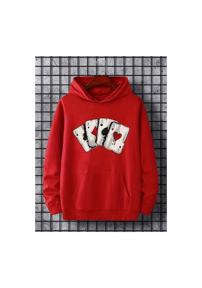 Medinenur İskambil Kart Desenli Kapüşonlu Sweatshirt Kırmızı