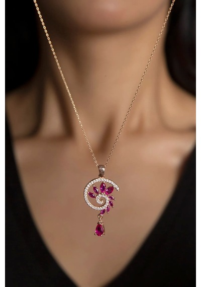 925 Ayar Gümüş Rose Kaplama Fuşya Renkli Spiral Snail Tasarım Kolye