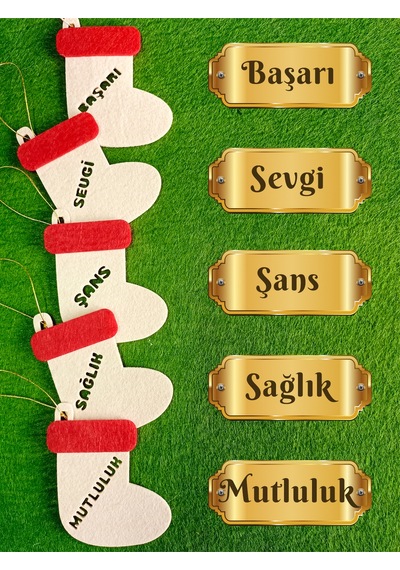 Yılbaşı Keçe Çizme Süs Seti Krem Rengi 5 Adet Dilek Temalı Noel Ağaç Süsü