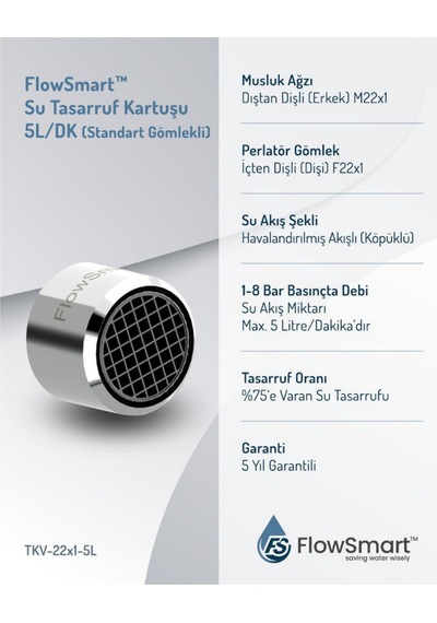 Flowsmart Su Tasarruflu Aeratör 5 L/dk %75 E Varan Su Tasarrufu M22 Miks & Kuğu Batarya Uyumlu