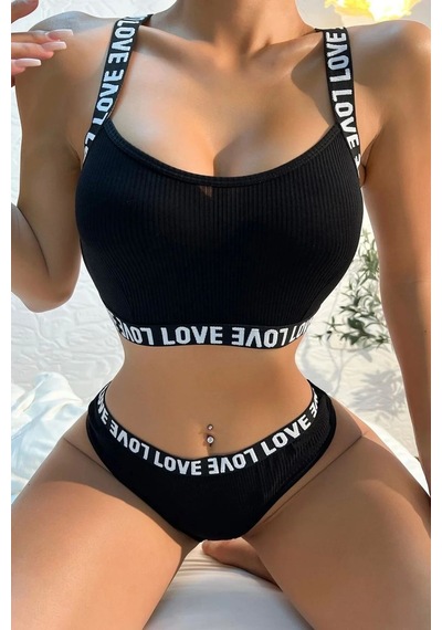İkikareshop Kadın Siyah Özel Tasarım Çapraz Sırt Love Yazı Detaylı İç Çamaşır Takımı Şık İç Giyim Seti Çok Renkli