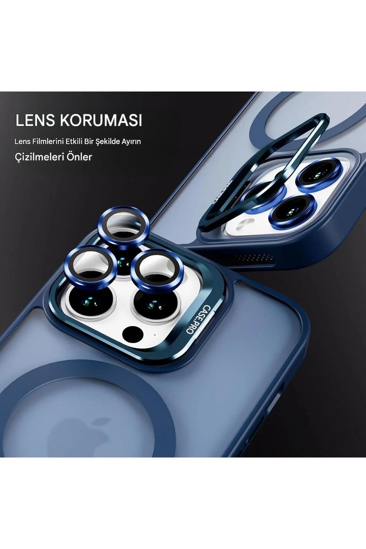İphone 14 Pro Uyumlu Magsafe Kılıf Mıknatıslı Standlı Darbeye Dayanıklı Mat Şeffaf Arka Kapak Lens li Lacivert