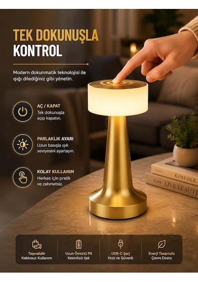 Dokunmatik Şarjlı Led Masa Lambası - 3 Kademeli Işık Ayarlı, Kablosuz Dekoratif Gece Lambası, 1800 Mah Taşınabi Diğer
