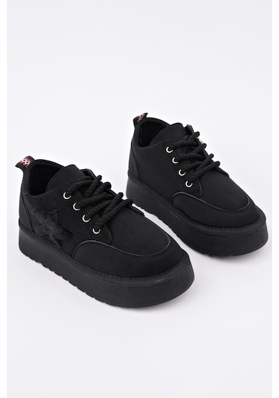 Muggo Trunks Kalın Taban Bağcıklı Yıldız Detaylı Çocuk Kışlık Sneaker Spor Ayakkabı Siyah