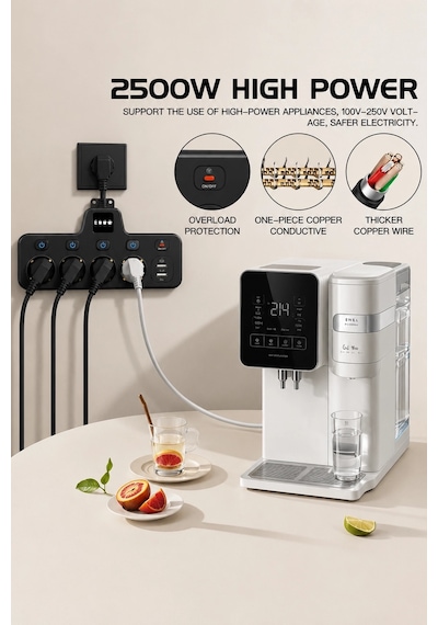 Termal Akım Korumalı 4 Lü Duvar Tipi Priz 2x Usb 2x Type-c Çıkışlı Grup Priz Çoğaltıcı Siyah 2500w 0-2