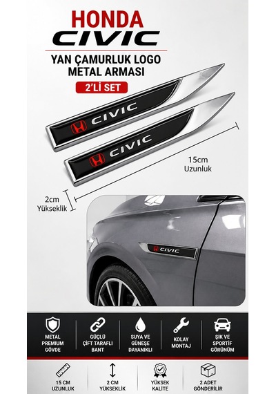 Honda Civic Metal Damla Desen Çamurluk Yan Çıtası Logo Amblem 2 L