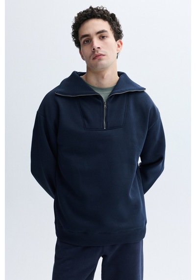 Mudo Erkek Erkek Lacivert Loose Fit Fermuarlı Dik Yaka Nakışlı Sweatshirt 1264396