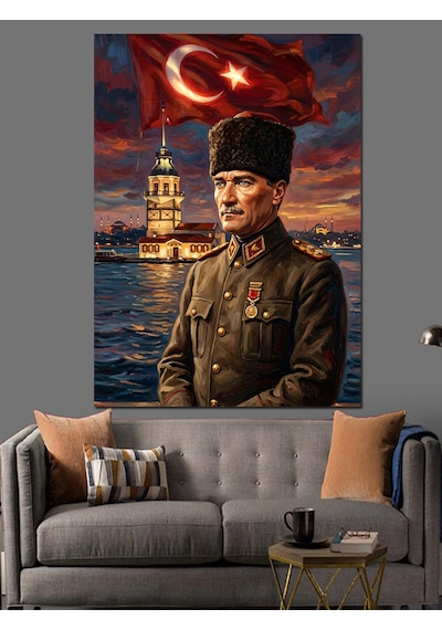 Türk Bayrağı Ve Üniformalı Atatürk Dekoratif Kanvas - Mdf Ahşap Tablo
