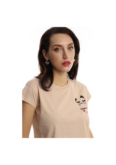 Kadın Game Over Kedi Baskılı Tişört Bej