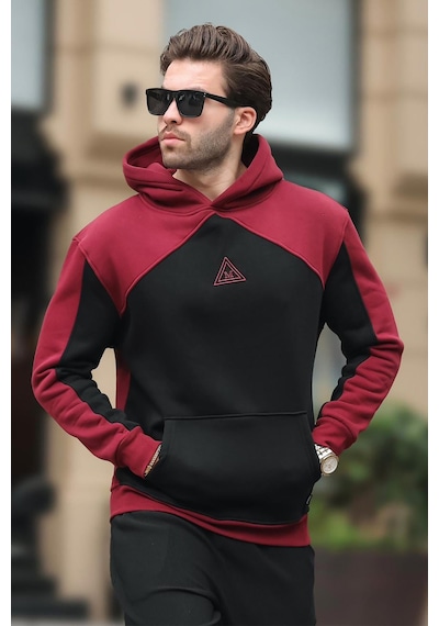 Madmext Bordo Kapüşonlu Cep Detaylı Nakışlı Sweatshirt E7085 Bordo