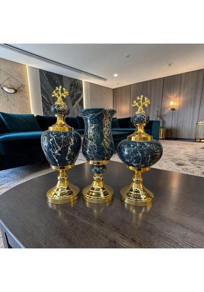 Sleep Nova Emerald Black Marble Gold Detaylı Üçlü Vazo ve Obje Seti