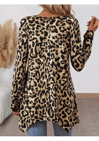 Veraura Lifestyle Kadın Uzun Kollu Bisiklet Yaka Leopar Desenli Süprem Bluz