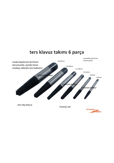 Klavuz Ters Diş Açma Kılavuzu 6 Parça Klavuz Takımı Ters