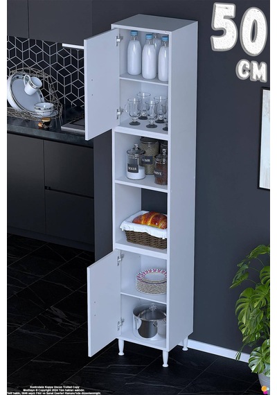Bade 50 Cm 2 Kapaklı Açık Raflı Çok Amaçlı Mutfak Kiler Dolabı Banyo Dolabı Boy Dolabı 50x213x32 Cm Beyaz
