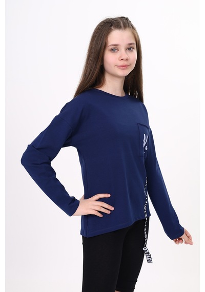 Toontoy Kız Çocuk Cep Üstü Baskılı Sweatshirt Lacivert