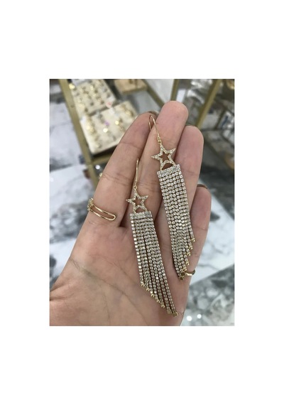 Yıldız Detaylı Taşlı Ve Sallantılı Model Küpe Altın