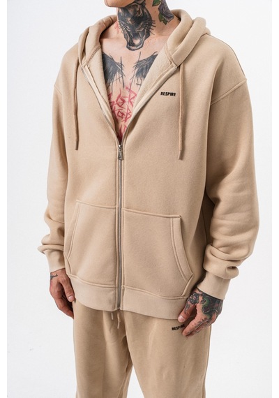Erkek Respire Yazı Detaylı Kapüşonlu Basic Zip Oversize Hoodie Bej