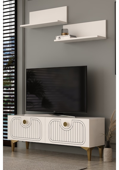 120dhdtür3ba 120 Cm Hera Lazer Desenli Raflı Tv Sehpası,ünitesi Beyaz - Altın