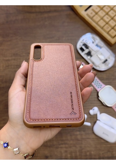 Samsung Galaxy A70 Uyumlu Premium Deri Dokulu Darbelere Karşı Dayanıklı Nazal Silikon Kılıf Kahverengi