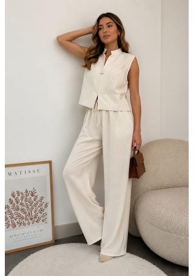 Unika Boutique Kadın Keten Yelekli Takım Taş