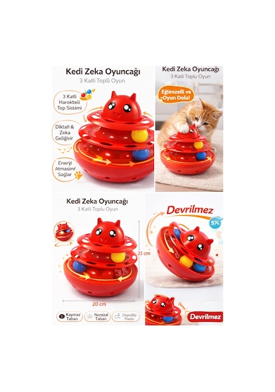 Hacıyatmaz Kedi Oyuncağı 3 Katlı Toplu Zeka Oyuncağı 20x21 Cm Devrilmez Interaktif Mama Oyuncağı