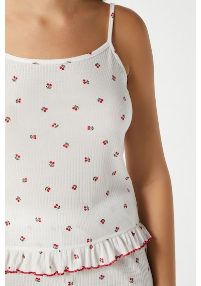 Ritnice Kadın Paula Kiraz Desen Fırfır Şortlu Pijama Takımı Kırmızıbeyaz