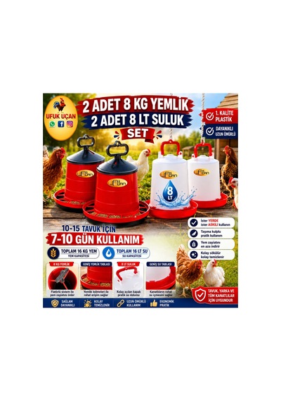 2 Adet 8 Kg Yemlik + 2 Adet 8 Lt Suluk Seti 10-15 Tavuk İçin 7-10 Gün Kullanım