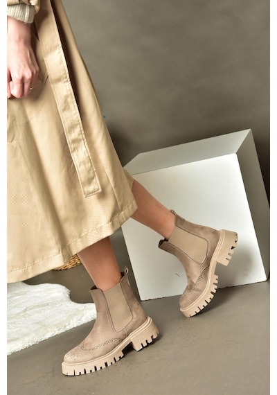 Fox Shoes R312152902 Vizon Süet Kalın Tabanlı Kadın Bot Vizon Süet