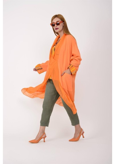 Bohem Stil Italyan Ipek Detaylı Oversize Kaftan & Bluz-8711 Oranj