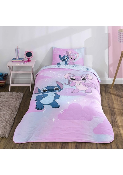 Taç Lisanslı Stitch Shiny Pamuklu Çocuk Yatak Örtüsüseti 160x230 Pembe