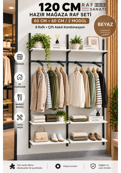 120 Cm Duvar Raf Askılık Sistemi 6 Raflı 2 Modül 200 Cm Konik Dikme Hazır Set Beyaz