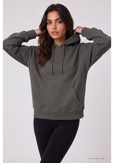 TOMMYLIFE Haki Standart Kapüşonlu Kanguru Cepli Basic Kadın Sweatshirt - 97321