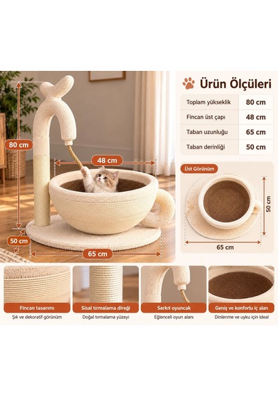 Pureza Kahve Fincanı Tasarımlı Kedi Yatağı, Sisal Tırmalama Direkli & Oyuncaklı Peluş Kedi Dinlenme Alanı