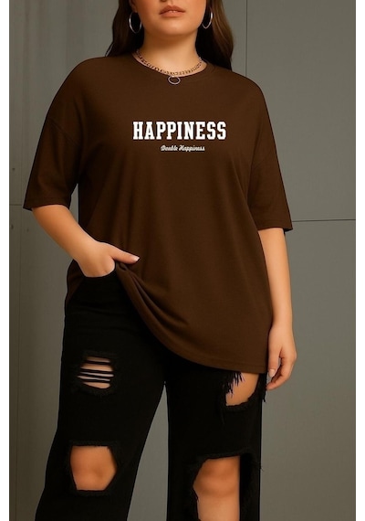 Büyük Beden Happıness Baskılı Unisex Tişört Kahverengi