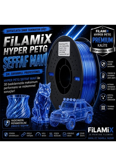 Filamix Hyper Petg Şeffaf Mavi Filament 1.75mm 1kg Plastik Makara