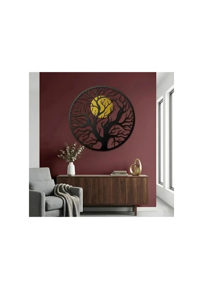 Hayat Ağacı Ve Güneş Metal Duvar Tablosu - Metal Duvar Sanatı - Siyah - 50 X 50 Cm