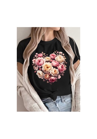 Herkesemoda Kalp Çiçekler Baskı Detaylı Basic T-shirt Siyah
